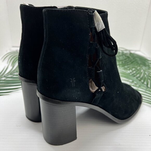 Frye Amy Side Ghillie Black Suede Leather Open Toe Ankle Boots Size 9M NWB - Picture 4 of 13